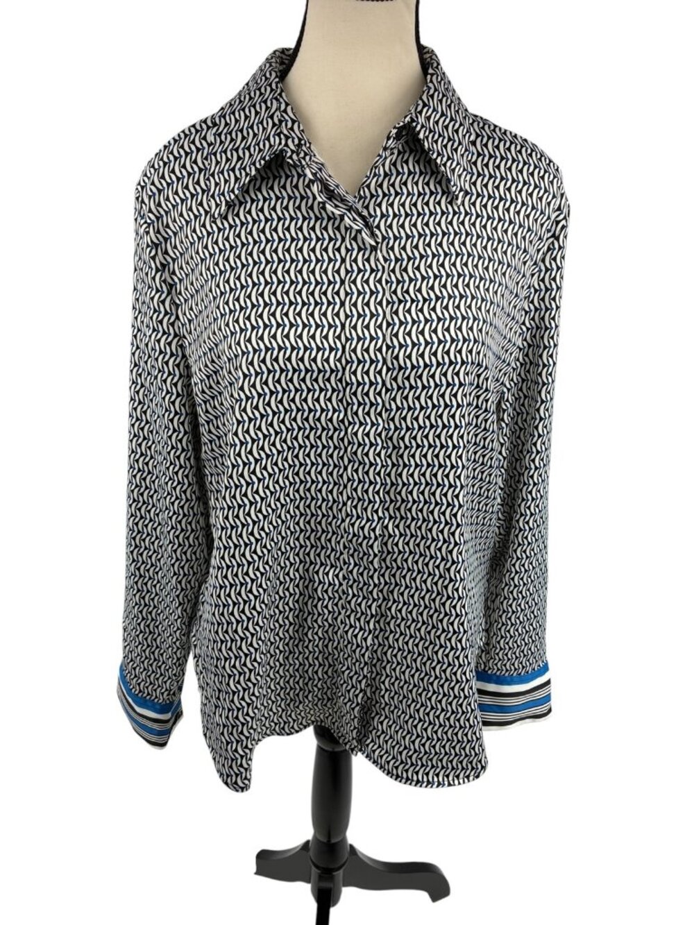 Worthington Womens Black White Blue Geometric Pattern Button-Front Top Size L